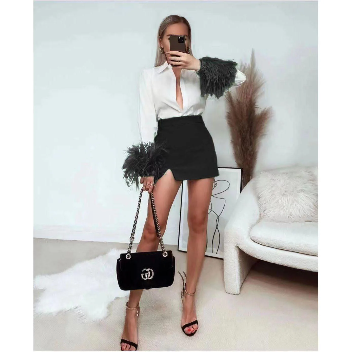 Feathers on the Cuffs Shirt and Mini Skirt Set - Image 6
