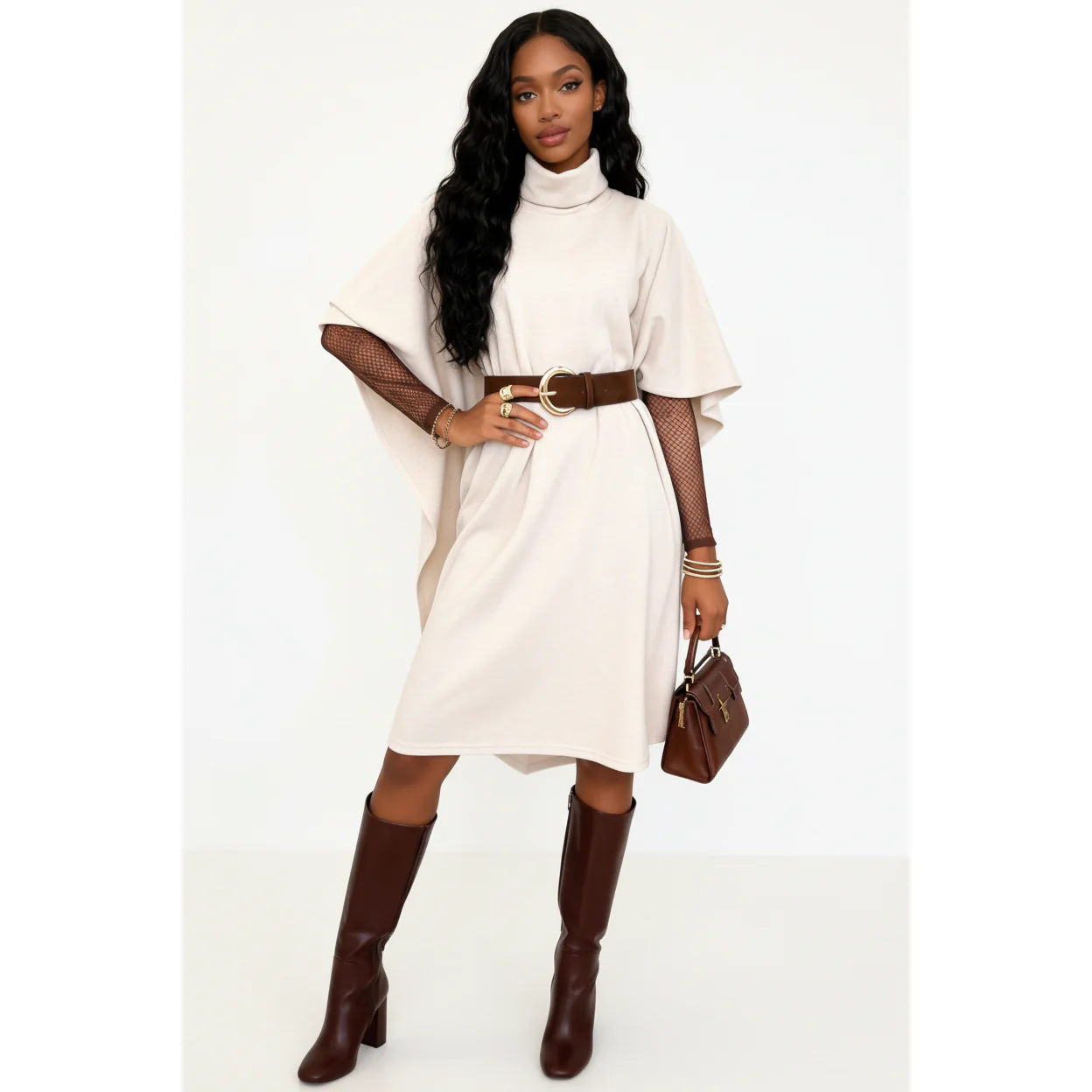 Half-Sleeve Bottle-Neck Poncho Dress - Image 2