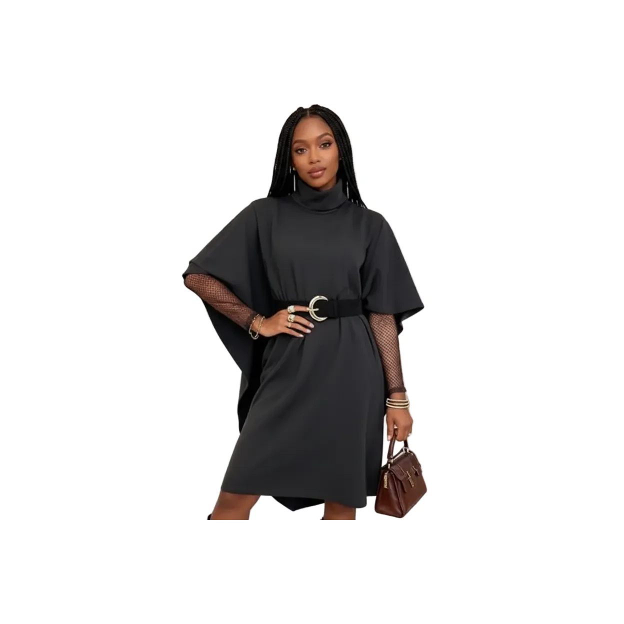 Half-Sleeve Bottle-Neck Poncho Dress - Image 3