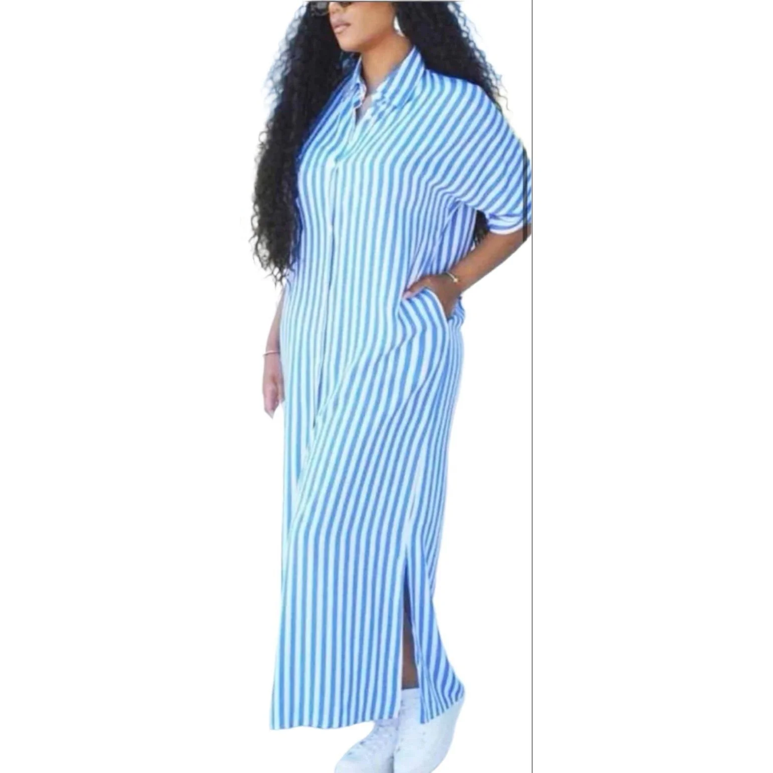 Half Sleeve Striped High Slits Dress. - Image 2