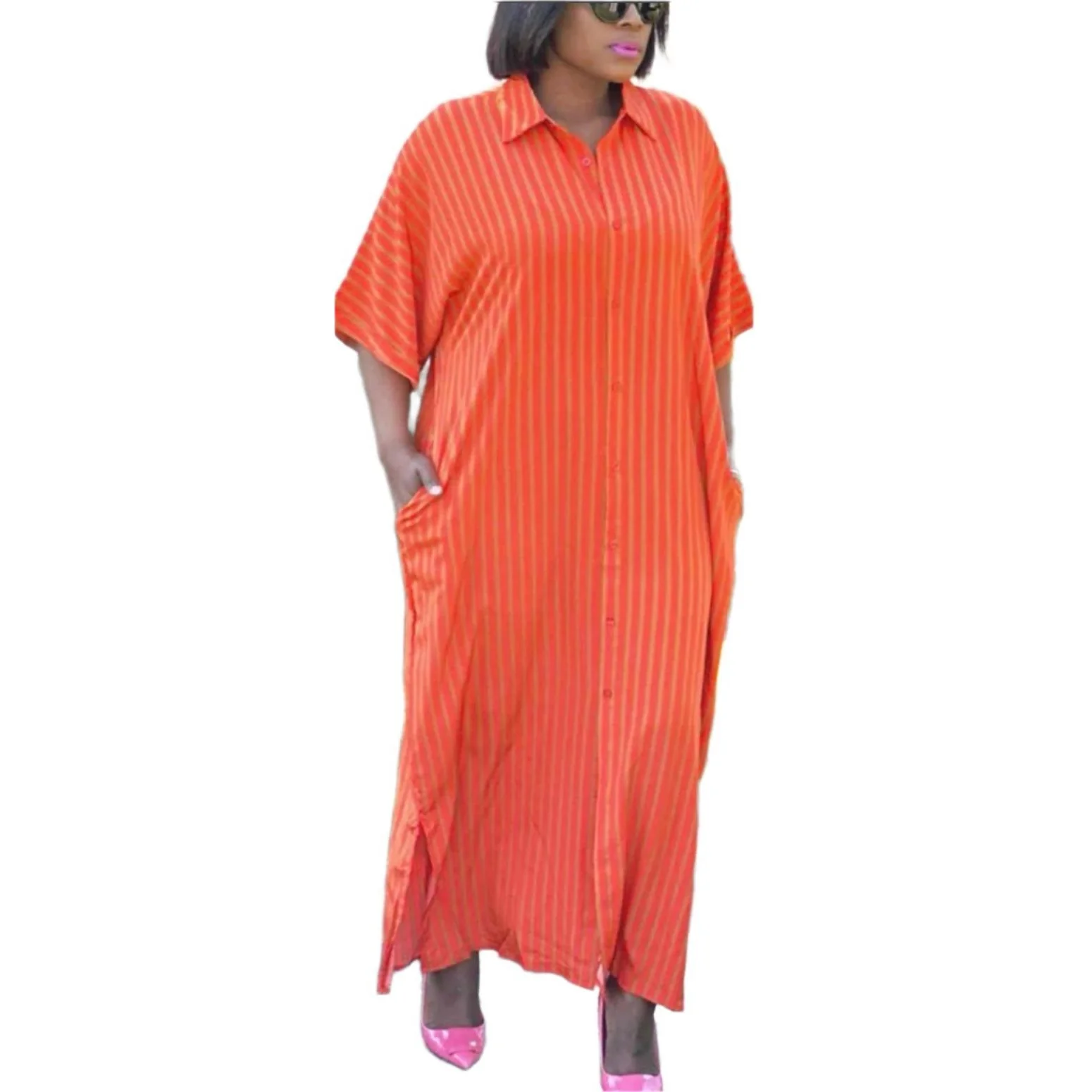 Half Sleeve Striped High Slits Dress. - Image 3