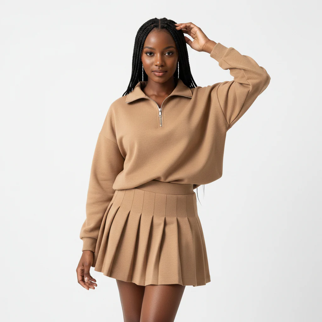 Half-zipped Drop Shoulder Top And Skirt Casual 2pcs Set - Image 2