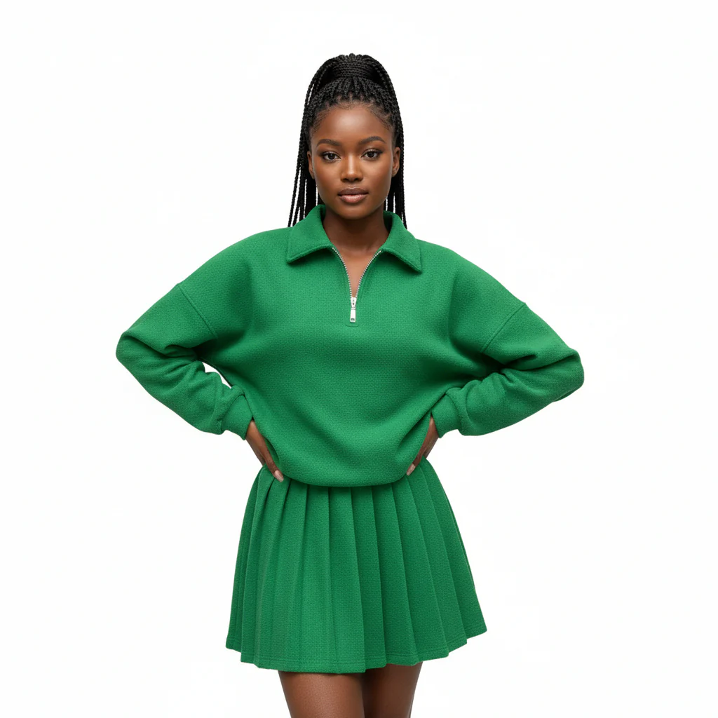 Half-zipped Drop Shoulder Top And Skirt Casual 2pcs Set - Image 3