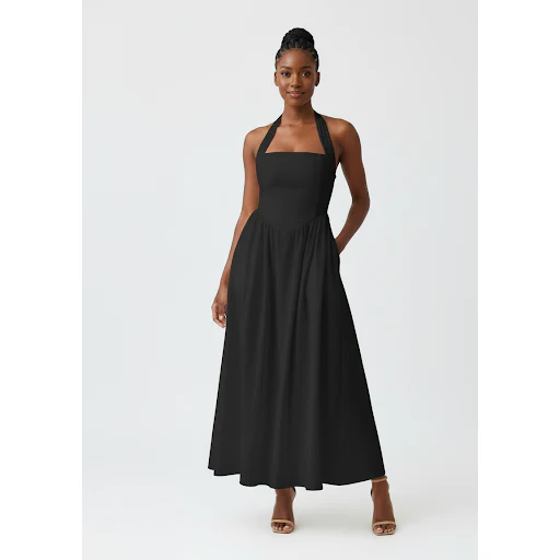 Halter Neck Lace Up Pleated Maxi Dress.