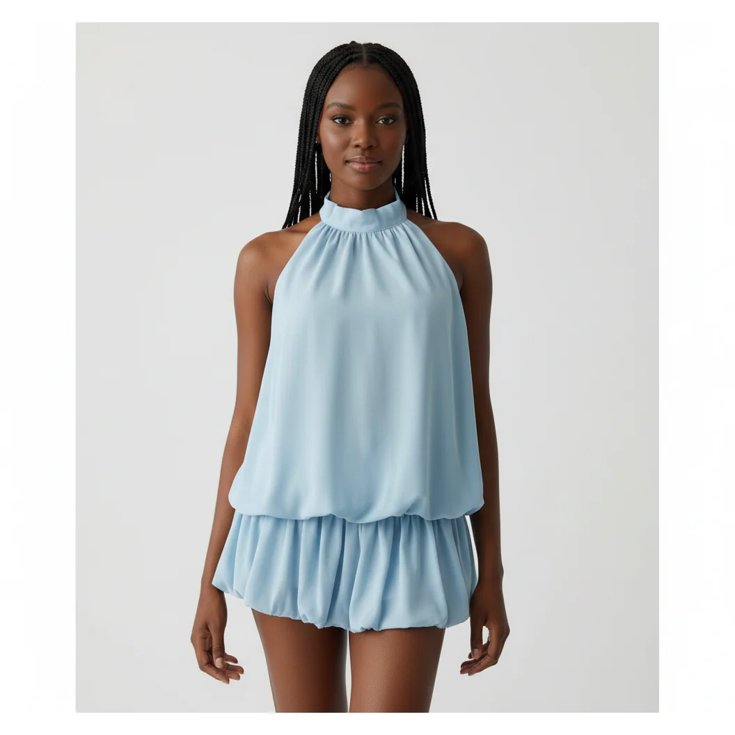 Halter Neck Layered Chiffon Mini Dress. - Image 3