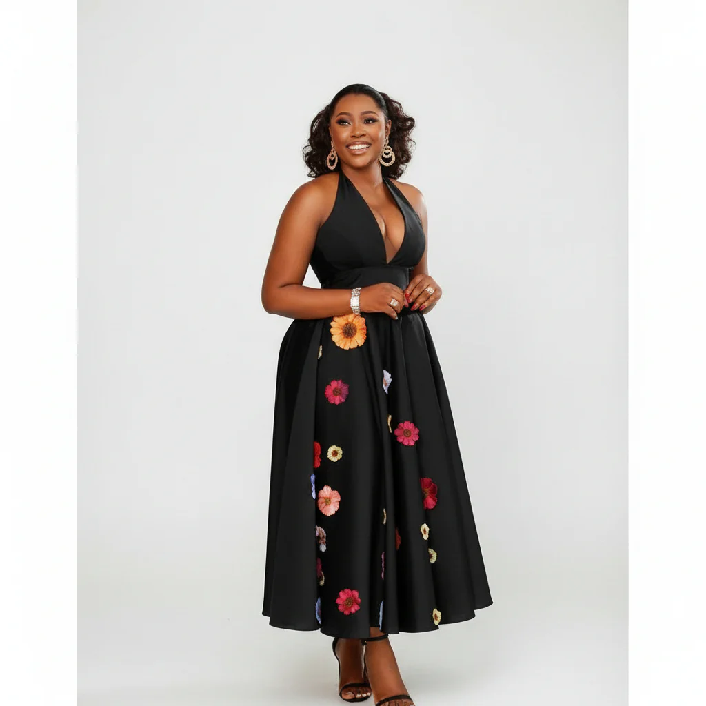 Halter Neck Patched Flower Design Elegant Boobtube Maxi Dress. - Image 2
