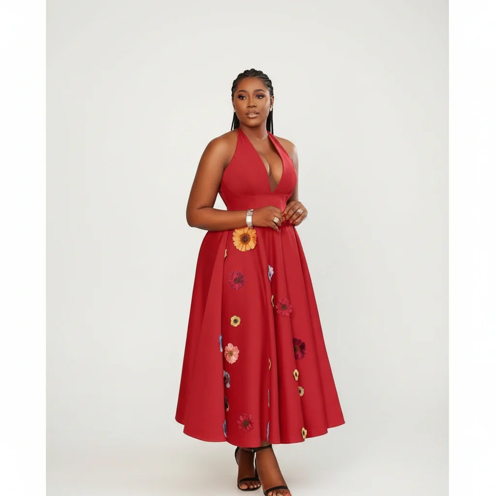 Halter Neck Patched Flower Design Elegant Boobtube Maxi Dress. - Image 3