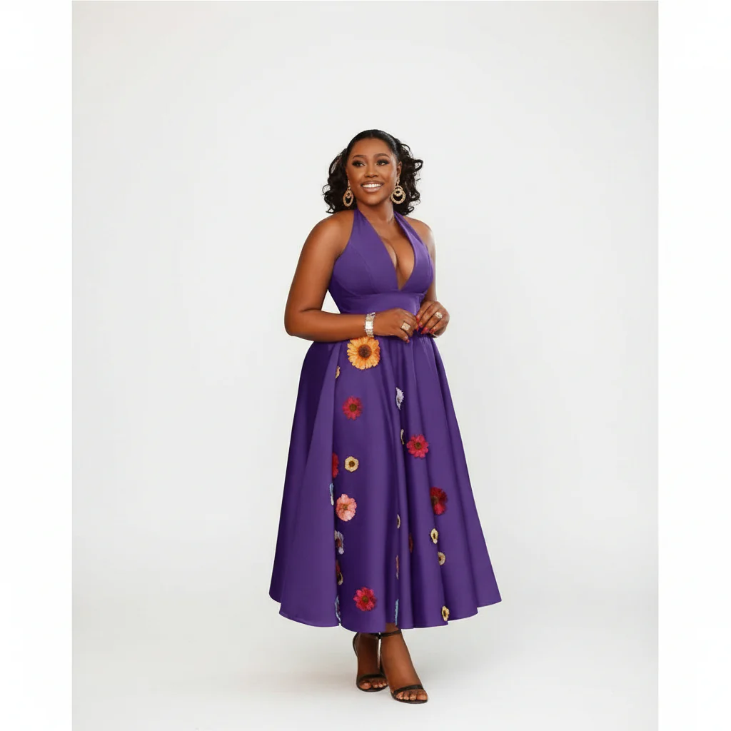 Halter Neck Patched Flower Design Elegant Boobtube Maxi Dress. - Image 4
