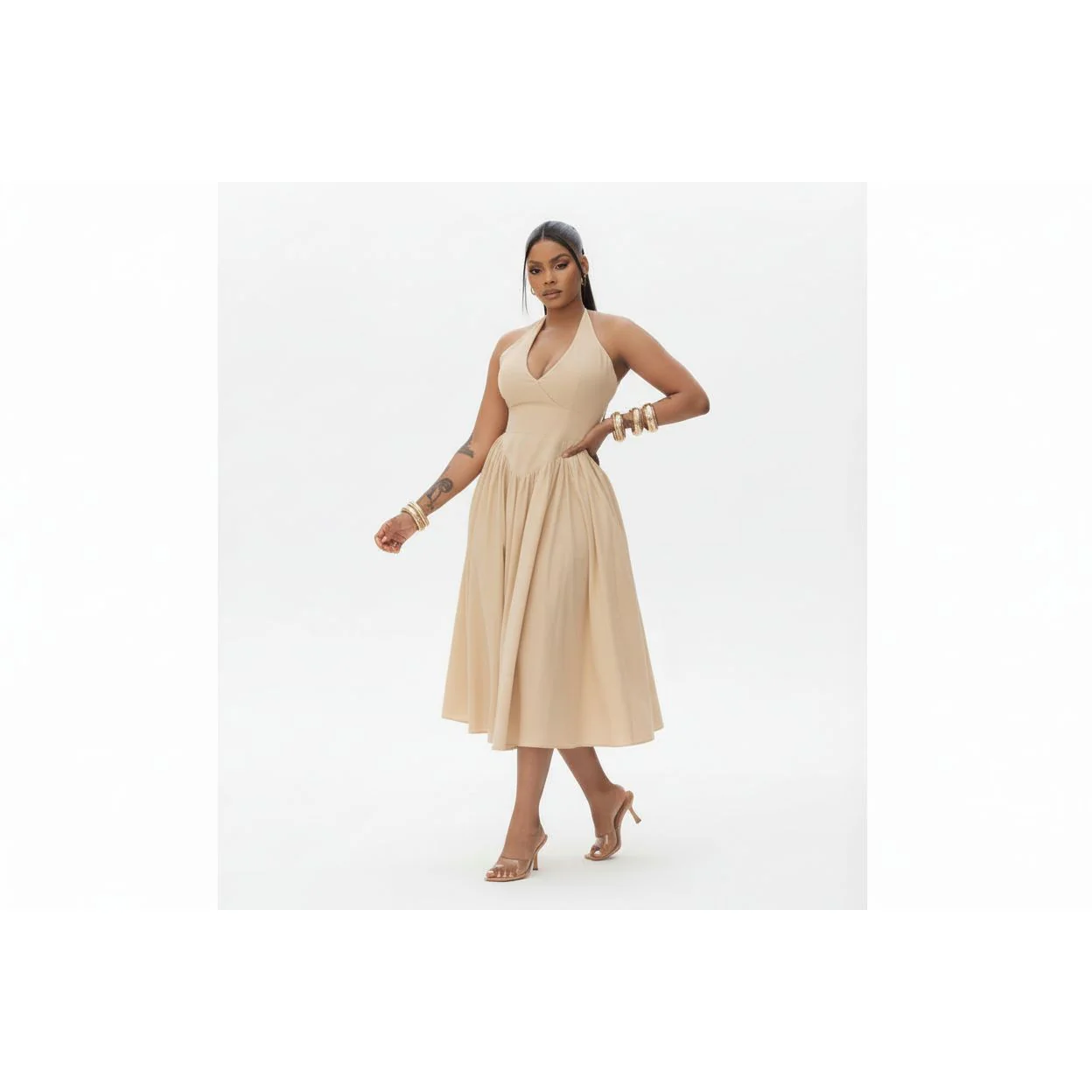 Halter Pleat A-Line Midi Dress