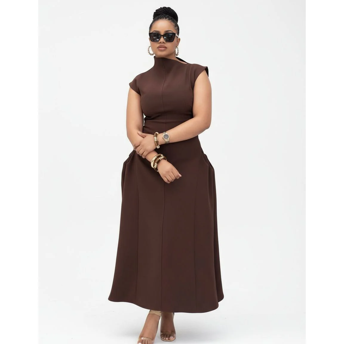 High Collar Sleeveless A-line Pleated Robe Maxi Dress - Image 2