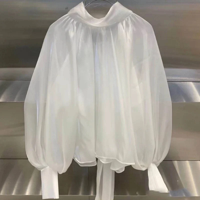 High-Neck Lantern Sleeve Shirt - Image 3