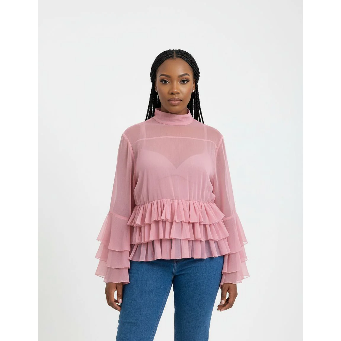 High-neck Ruffled Long-Sleeve Women's Blouse - Image 2