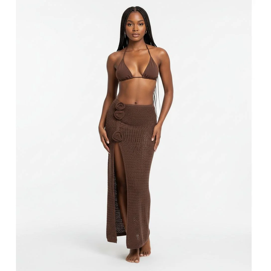 High Slit Crochet Three Piece Bikini Set - Image 3