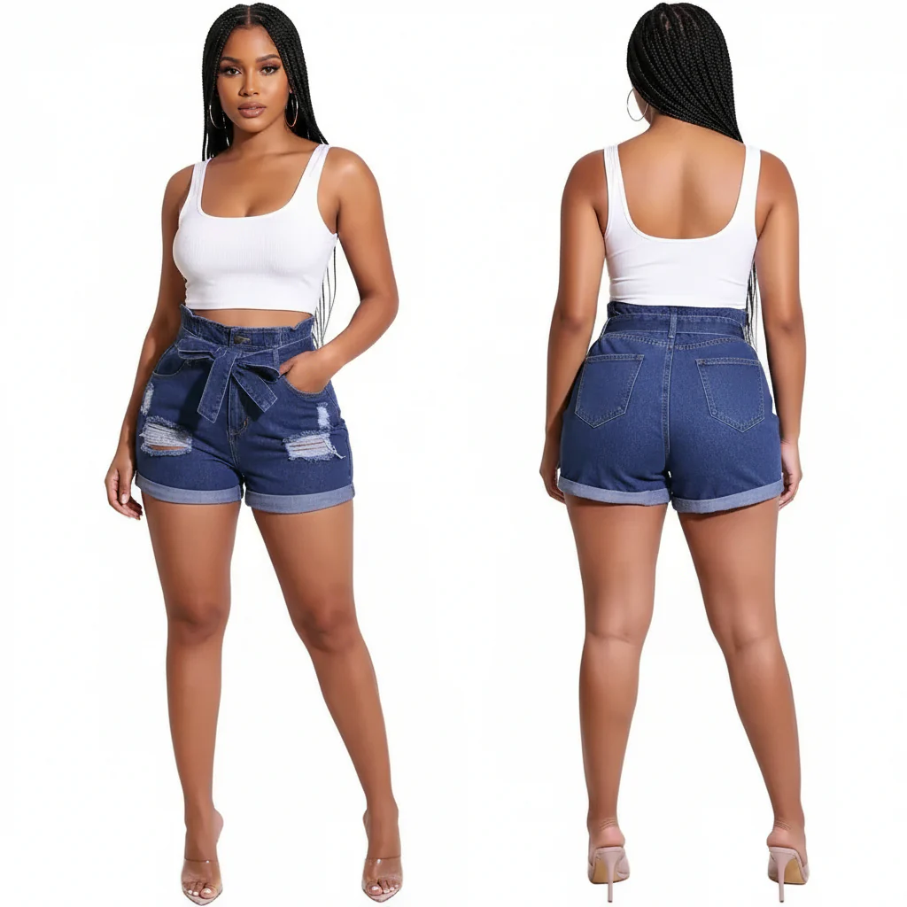 High Waist Distressed Denim Short - Image 3