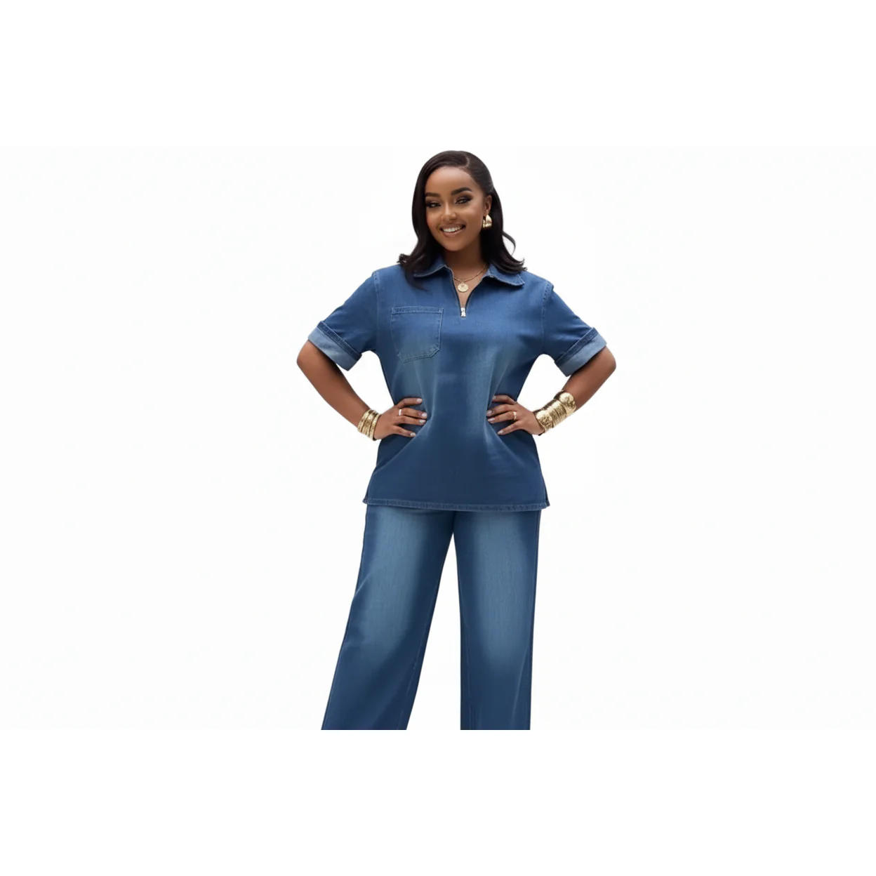 High Waist Pants and Top with a Zipper 2 Piece Denim Set. - Image 2