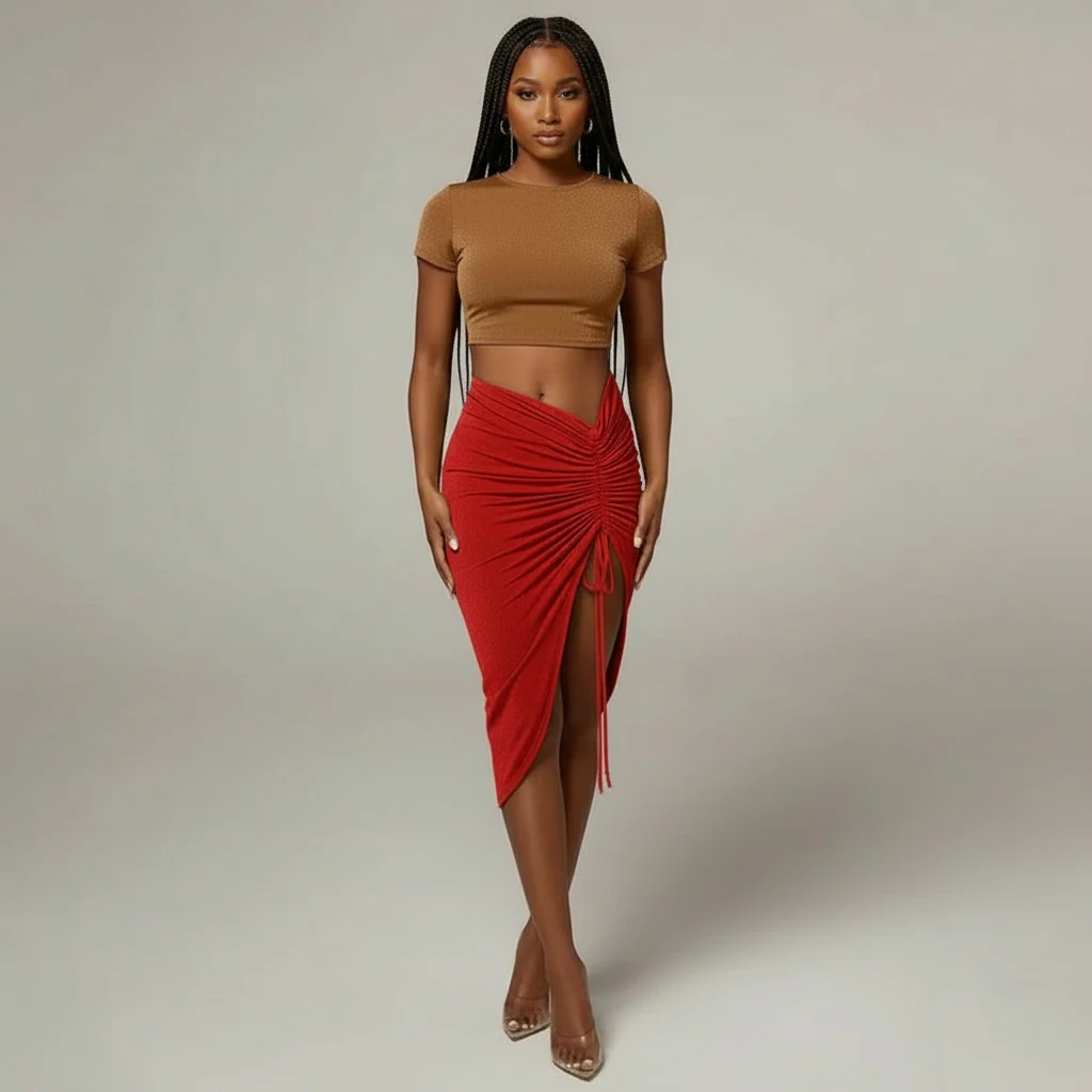 High Waist Ruched Drawstring Skirt - Image 5