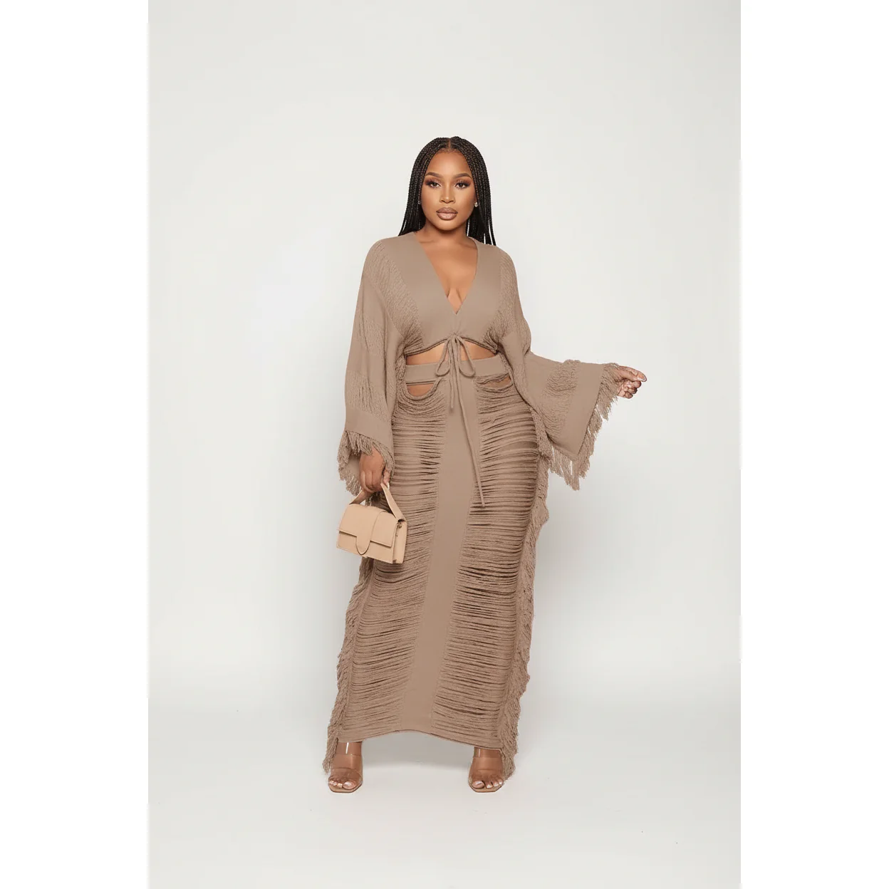 High Waist Ruffled Fringe Crop Top & Maxi Skirt Two-Piece Set