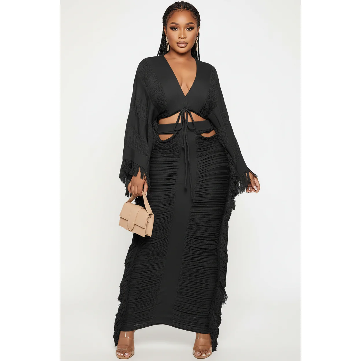 High Waist Ruffled Fringe Crop Top & Maxi Skirt Two-Piece Set - Image 2