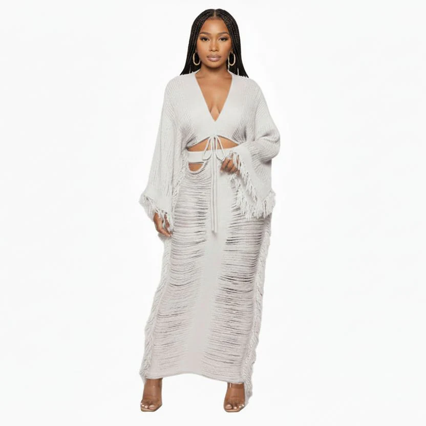High Waist Ruffled Fringe Crop Top & Maxi Skirt Two-Piece Set - Image 4