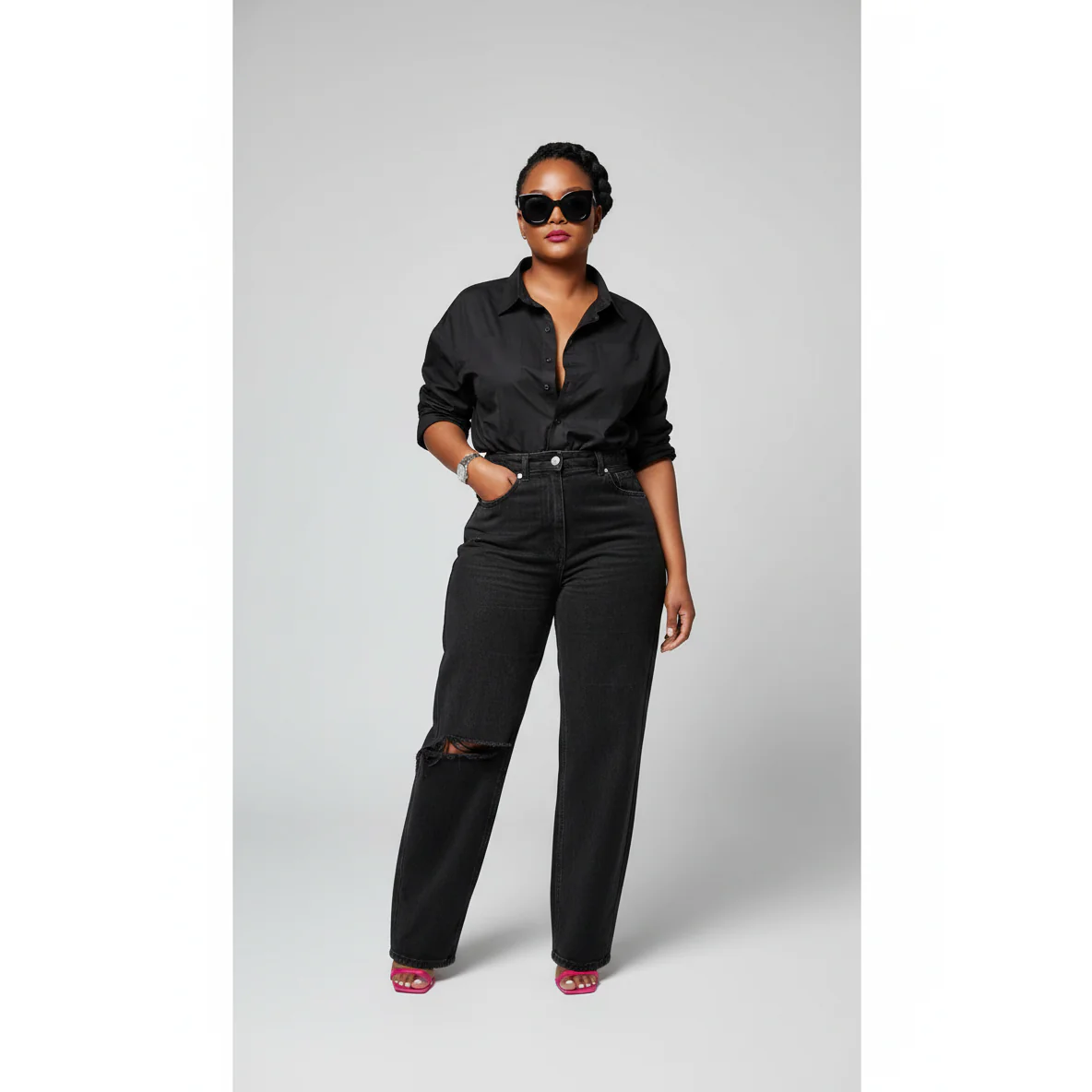 High Waist Slant Pocket Cord Black Pants