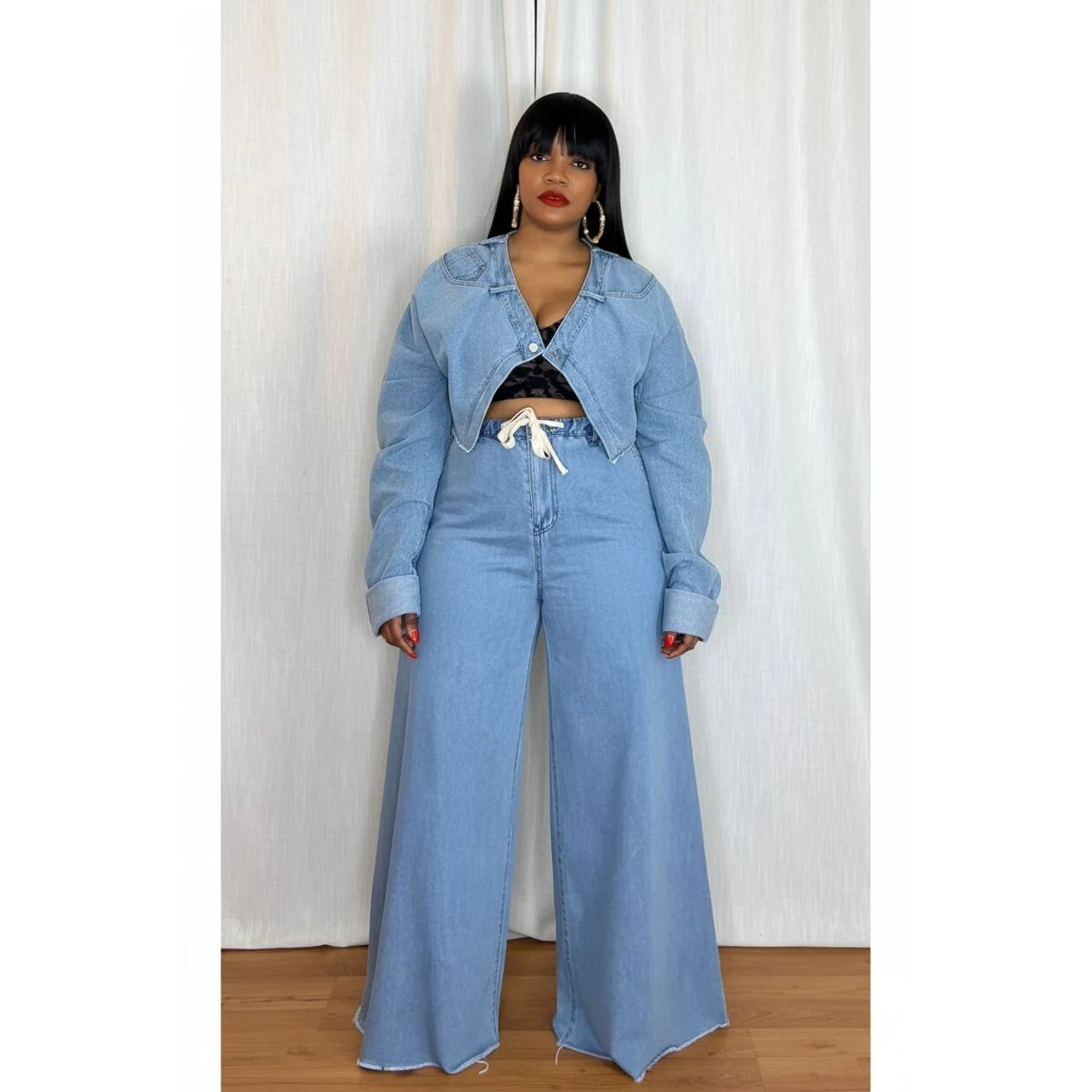High Waisted Flare Pant & Crop Jacket Denim Set - Image 2