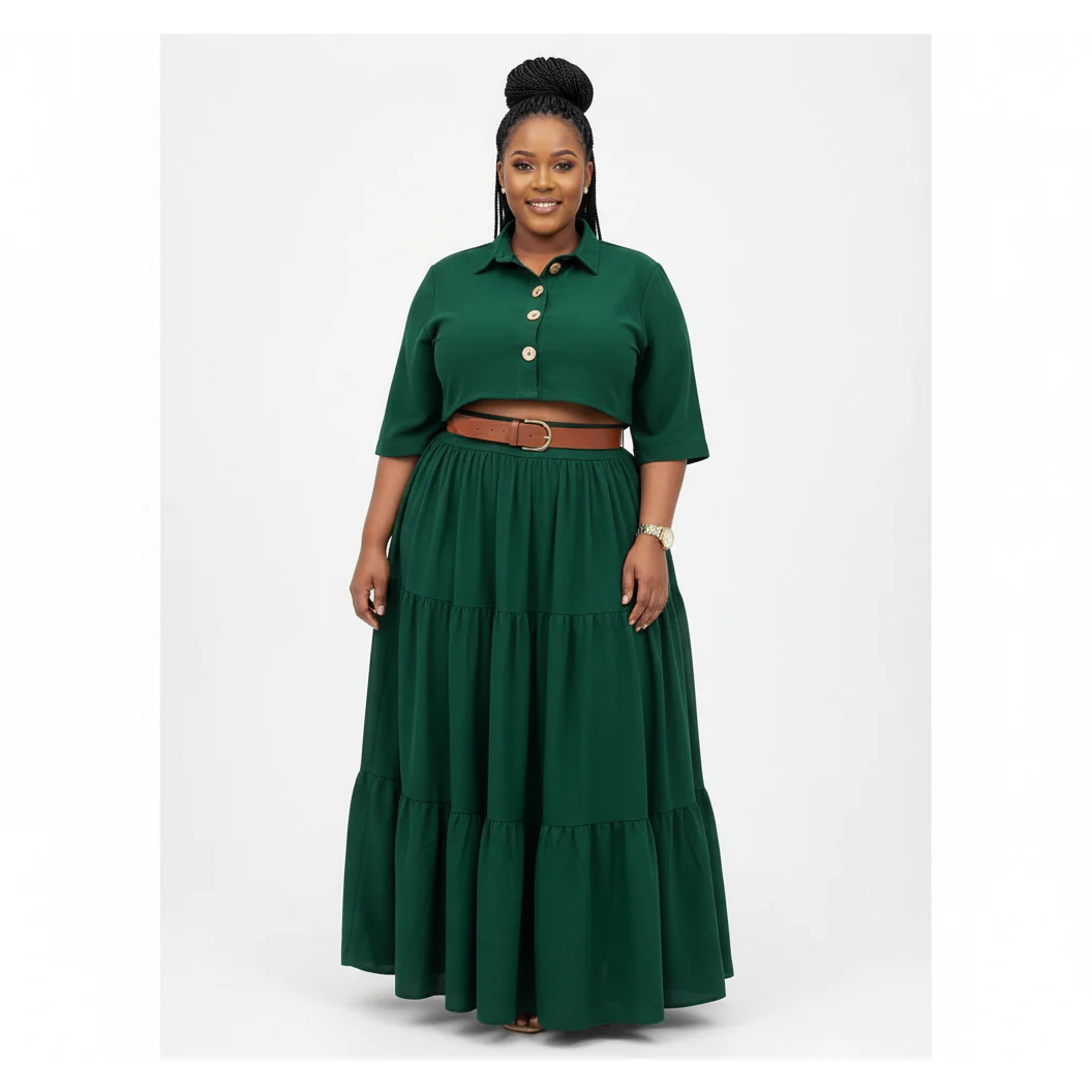 High Waisted Flowing Skirt And Button Detailed Top Set - Image 2