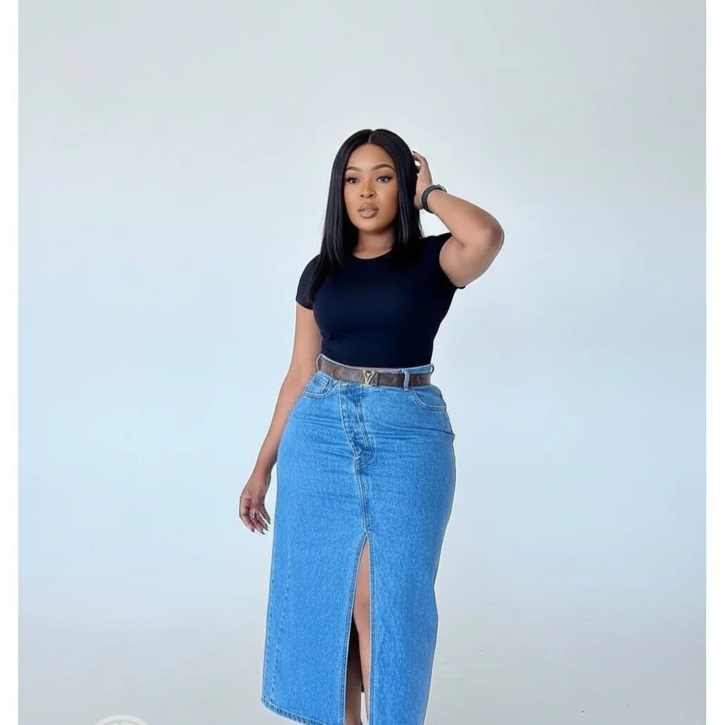 High Waisted Front Slit Denim Skirt