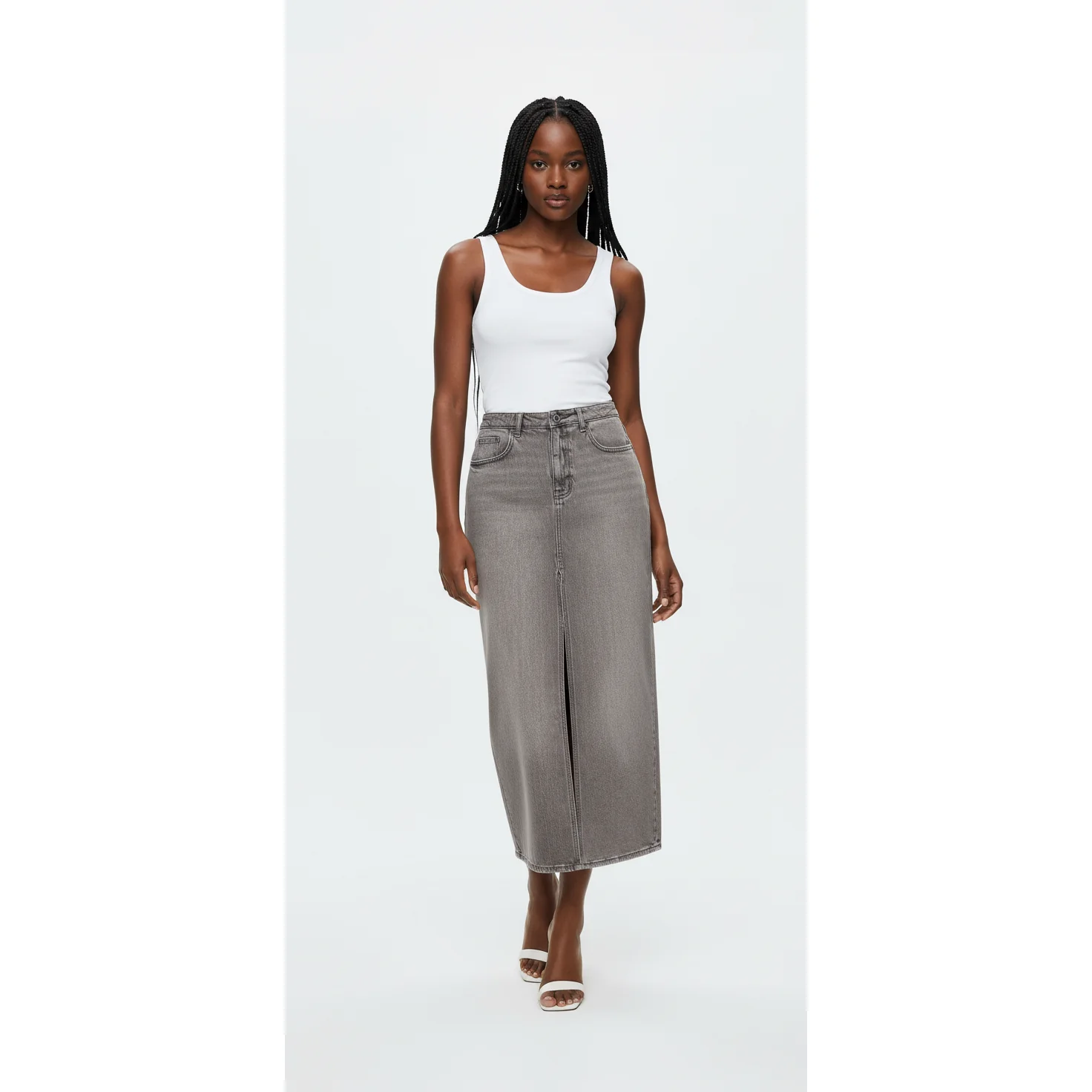 High-Waisted Grey Denim Maxi Skirt - Image 2