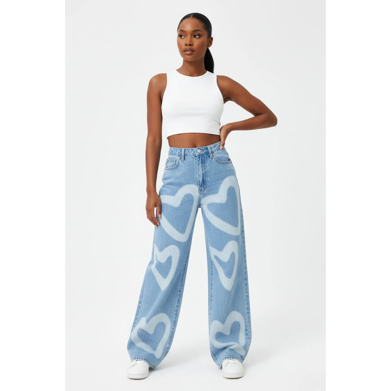 High Waisted Heart Print Wide Leg Jeans - Image 2