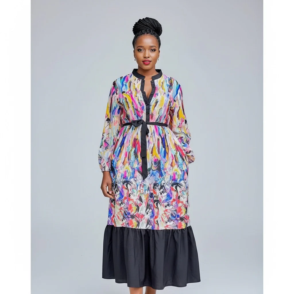 High Waisted Long Sleeve Round Neck Dress - Image 2