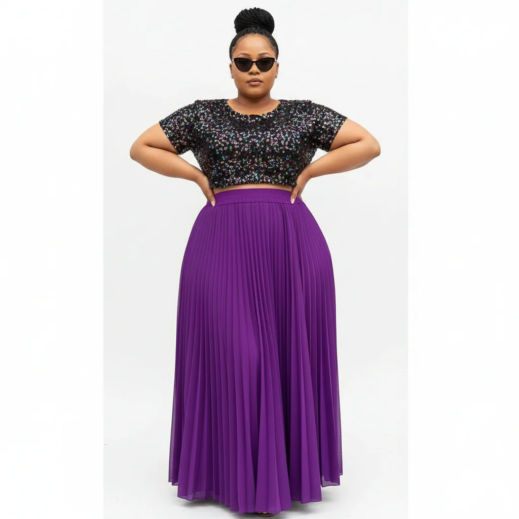 High Waisted Pleated Skirt and Gliter Top Set
