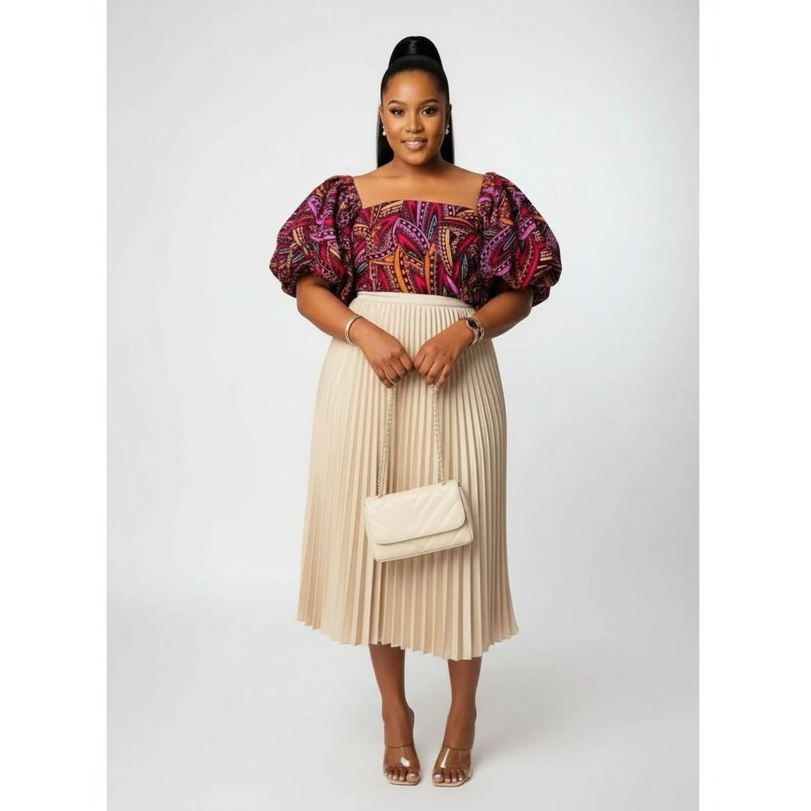 High Waisted Pleated Skirt and Printed Top Set