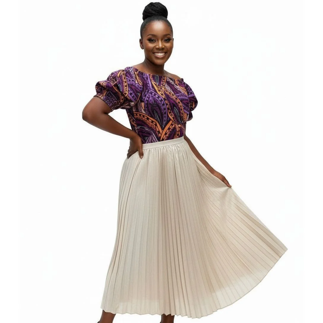 High Waisted Pleated Skirt and Printed Top Set - Image 2