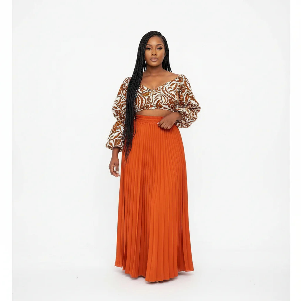 High Waisted Pleated Skirt & Long Sleeve Top Set - Image 3