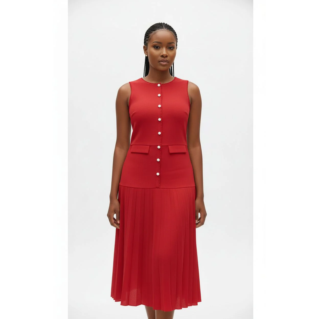 Round Neck Sleeveless Pearls Pleated Dress - Image 2