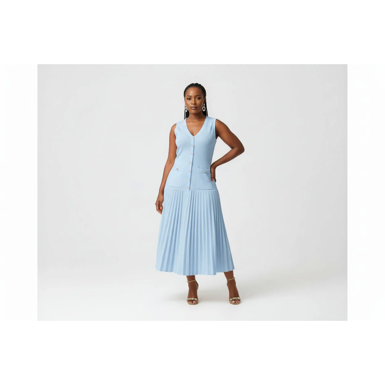 Round Neck Sleeveless Pearls Pleated Dress - Image 3