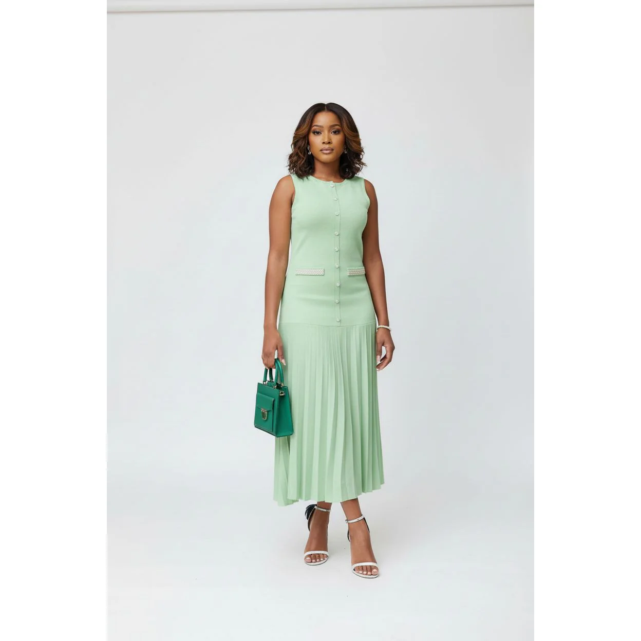 Round Neck Sleeveless Pearls Pleated Dress - Image 4