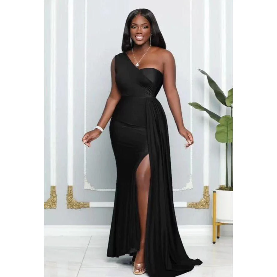 High Waisted Slit One Shoulder Maxi Dress
