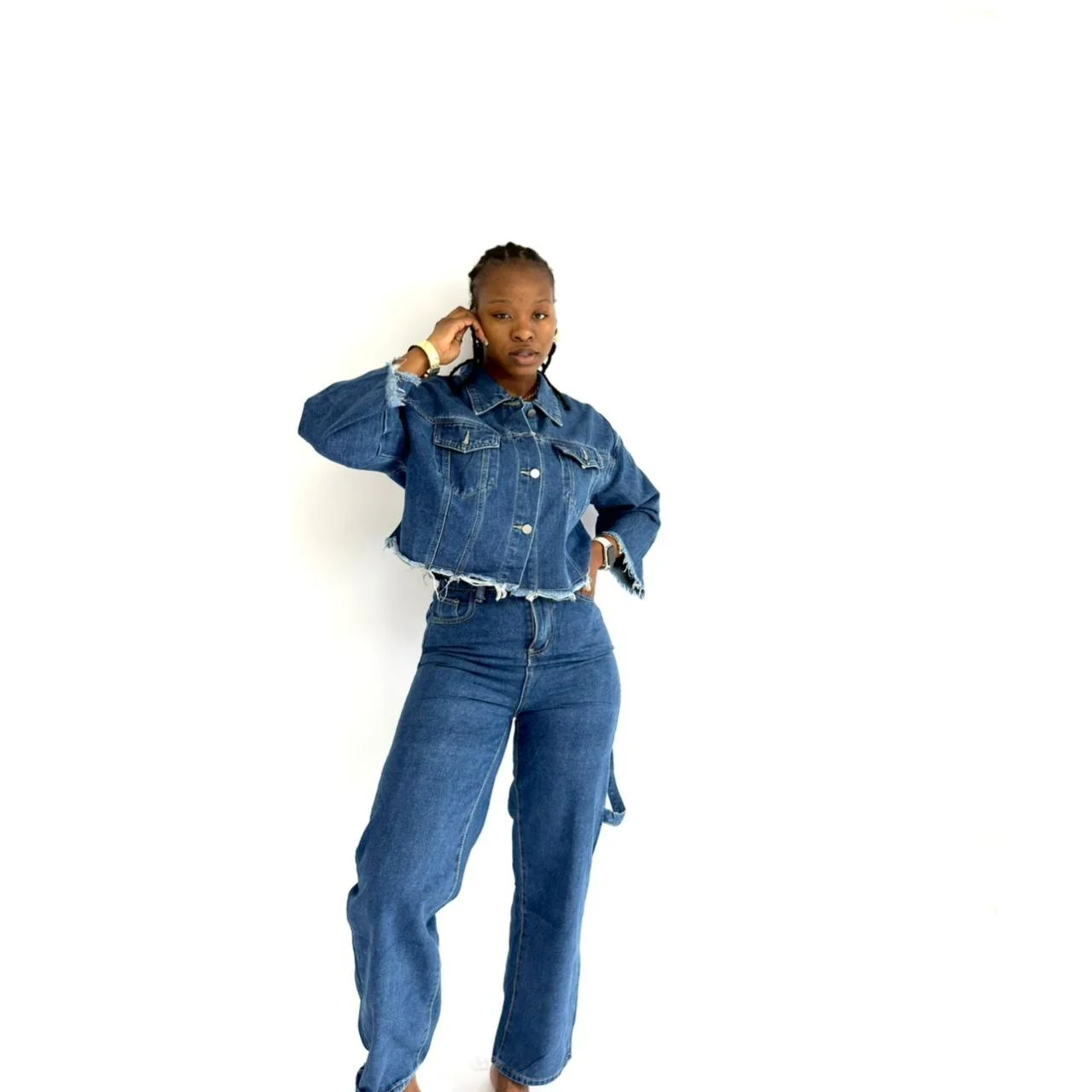 High-waisted Denim Pants And Top with stitching 2 Piece Set. - Image 3