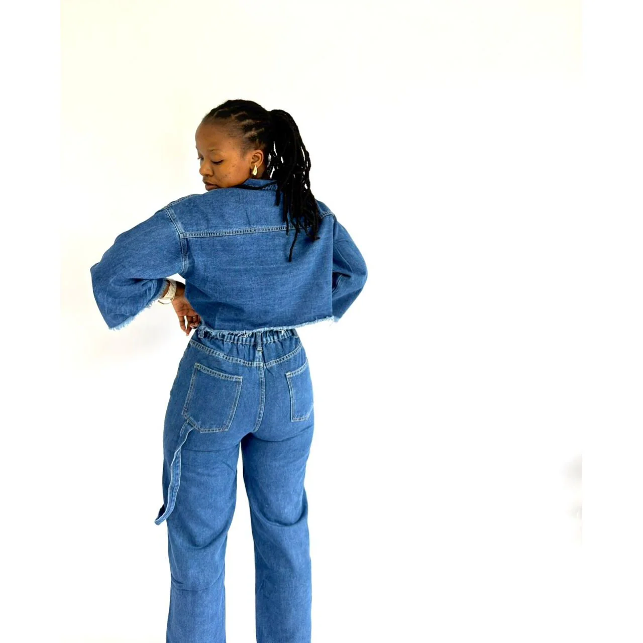 High-waisted Denim Pants And Top with stitching 2 Piece Set. - Image 4