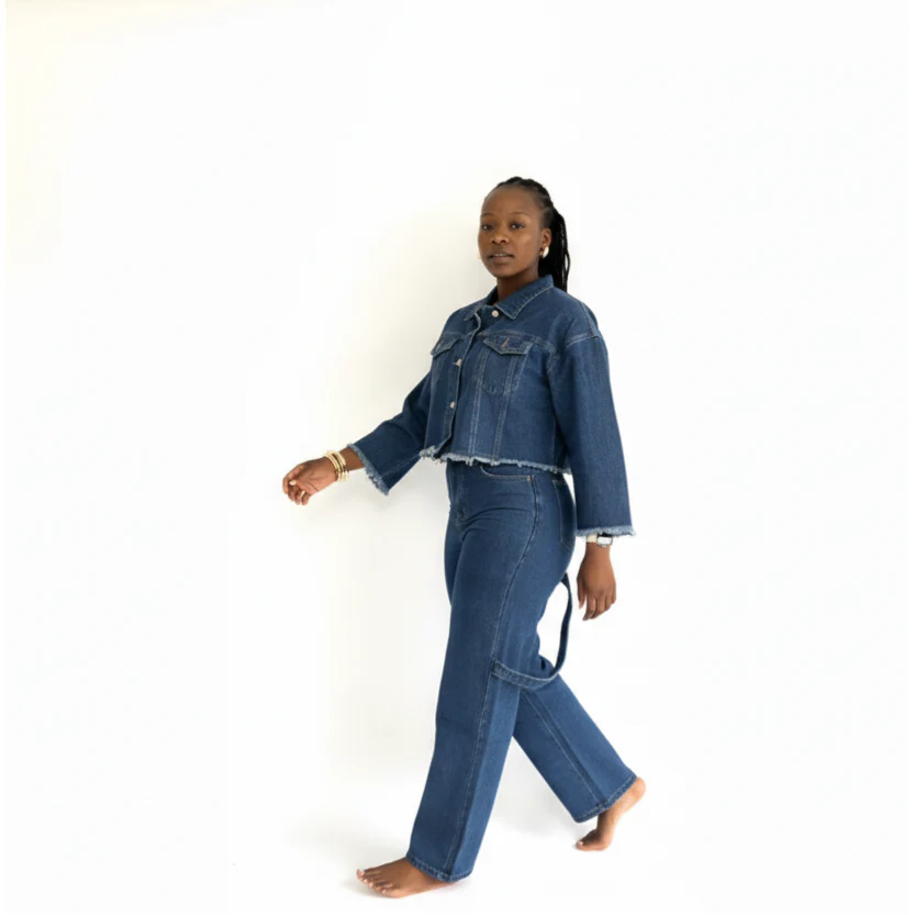 High-waisted Denim Pants And Top with stitching 2 Piece Set. - Image 5