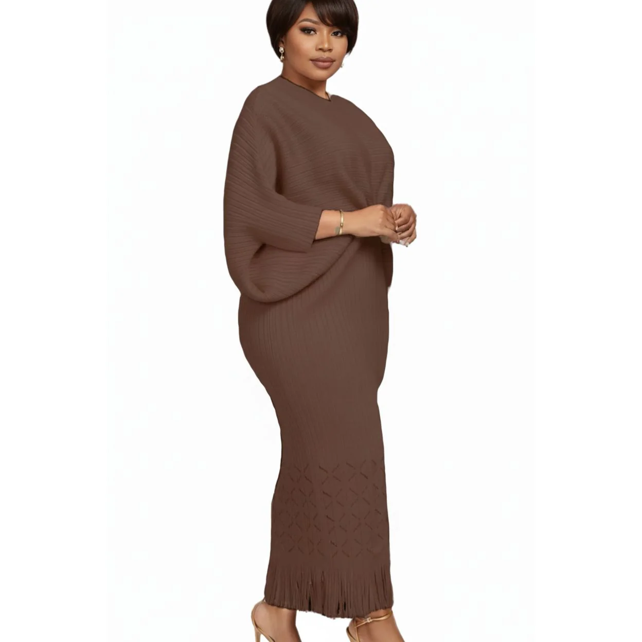 Hollow Bat Sleeve Fishtail Fringe Design Plus-size Pleated Dress - Image 2