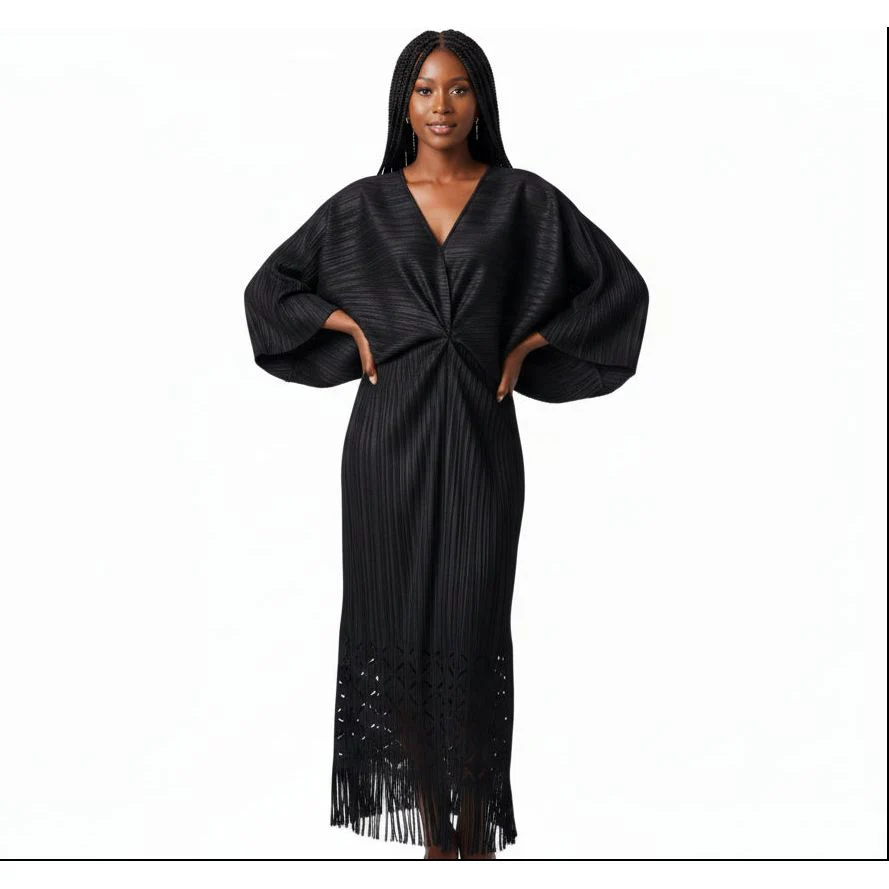 Hollow Bat Sleeve Fishtail Fringe Design Plus-size Pleated Dress - Image 3