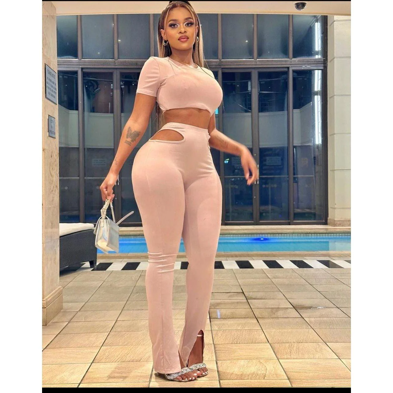 Hollow Out Ankle Side Split Trousers & Crop Top Set - Image 2