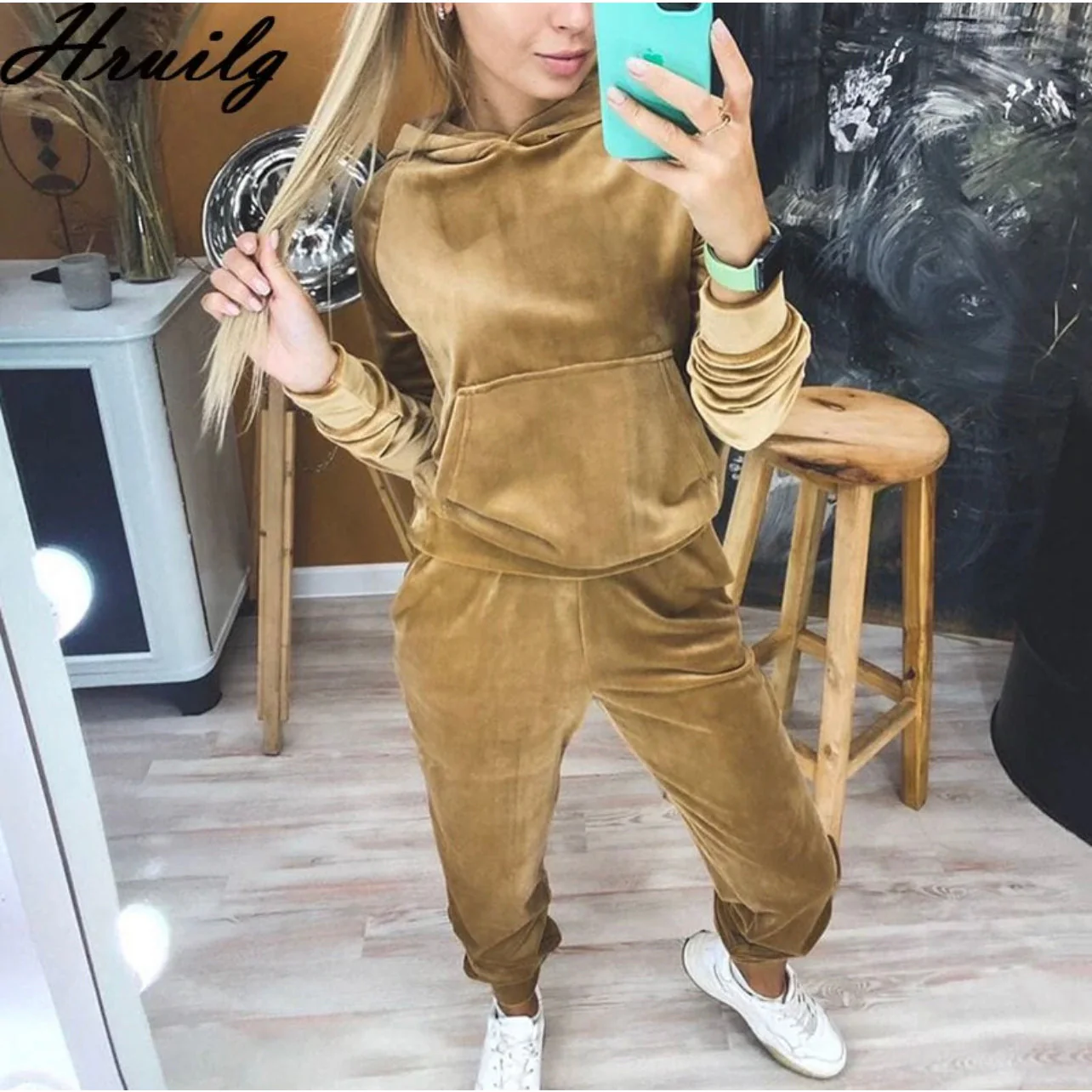 Hooded Pockets Casual Velvet Two Piece Set - Image 3