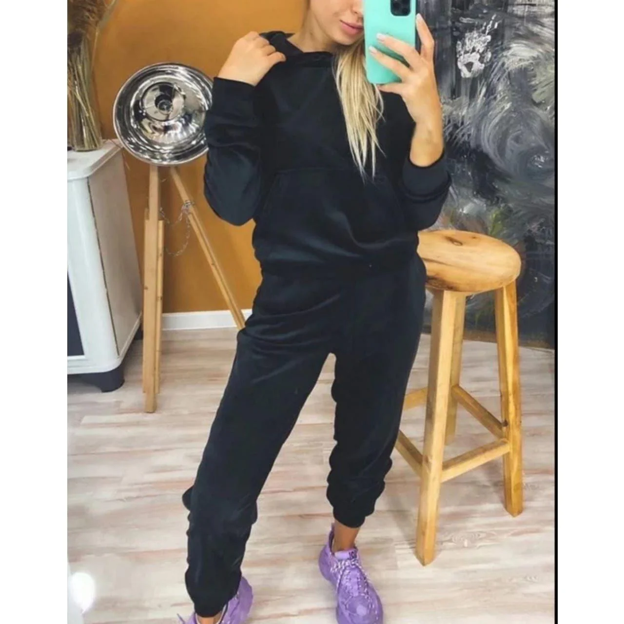 Hooded Pockets Casual Velvet Two Piece Set - Image 4