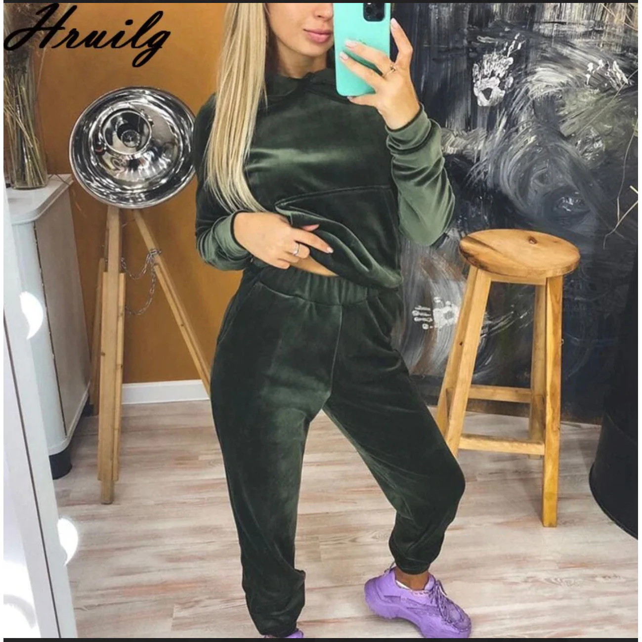 Hooded Pockets Casual Velvet Two Piece Set - Image 5