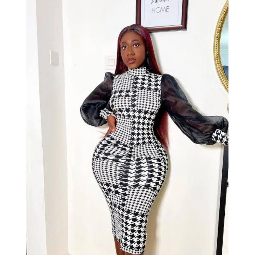 Houndstooth Print Mesh Sleeve Dress - Image 2