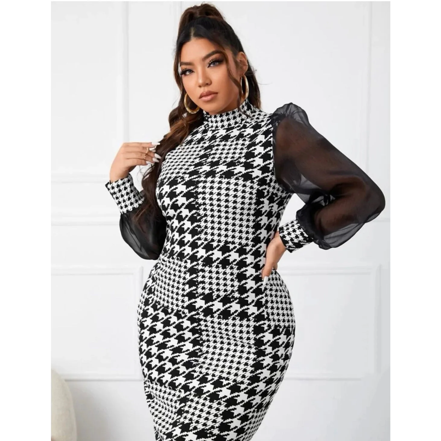 Houndstooth Print Mesh Sleeve Dress - Image 4