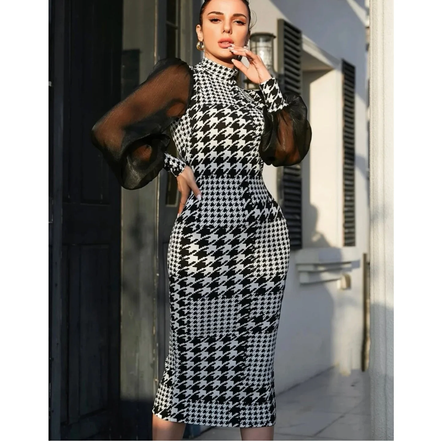 Houndstooth Print Mesh Sleeve Dress - Image 7